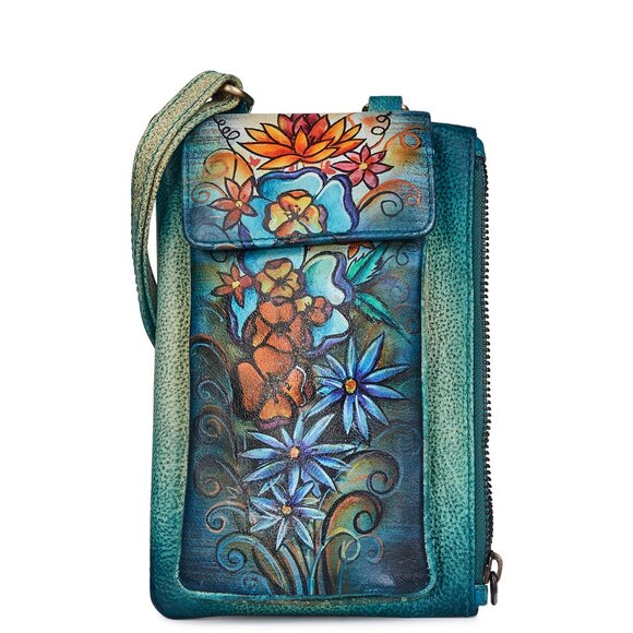 Women’s Leather Crossbody Cell Phone Wallet with Handpainted Floral Artwork - Picture 1 of 6